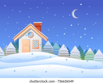 Small house with chimney and snow falling at night vector illustration