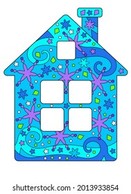 Small House With Chimney And Windows - vector Christmas full color zentangle picture - with a winter house covered in snowflakes. Template for stained glass, batik, coloring. New Year's zentangle 