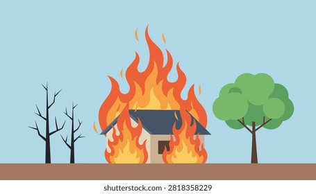 Small house completely engulfed in high orange flames of fire situated between a green tree and dead black trees.
