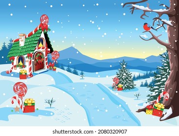 A small house is decorated for the celebration of Christmas on a winter background in the forest. Vector illustration template for postcard, flyer or poster. Winter fairy tale. Christmas mood.