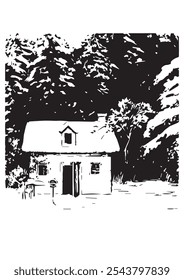 casa pequena em uma floresta profunda cercada por árvores, paisagem de neve preto e branco