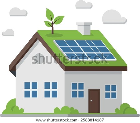 A small house featuring solar panels on the roof, surrounded by green plants and a tree, representing sustainability and eco-friendliness.