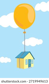 Pequeña casa flotando con un globo