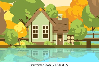 Kleines Haus im Wald am Fluss mit Liegeplatz. Natur flache Vektorillustration