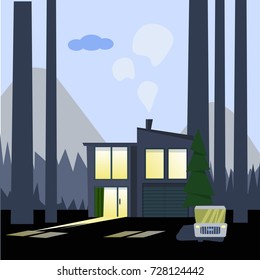 Small house in the forest. Vector Illustration.