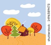 Small house with the garden, between autumn yellow and red trees, smoke coming from the chimney, on a sunny autumn day, vector illustration