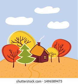 Small house with the garden, between autumn yellow and red trees, smoke coming from the chimney, on a sunny autumn day, vector illustration
