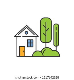 Small house with garden color icon. One storey village cottage and yard. Townhouse facade. Countryside house, townhome exterior. Isolated vector illustration