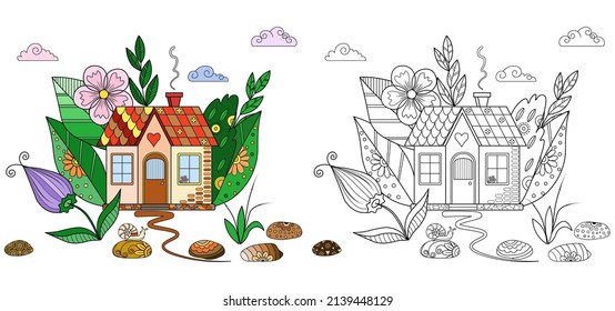 Ein kleines Haus, Gartenpflanzen und Blumen mit einem doodlen Muster auf weißem Hintergrund. Anti-Stress-Farbbuch für Erwachsene und Kinder. Dekoratives Element für Design