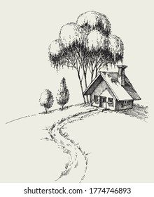 Small house in the garden vector hand drawing