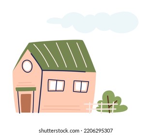Small House with Green Bush in the Yard Vector Illustration