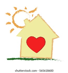 Small house with a heart and a glowing sun, isolated on white background, label, logo, icon, design illustration Vector Flat