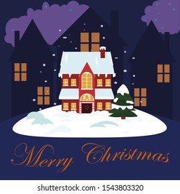 Small house at holiday eve. Christmas greeting card background poster. Vector illustration.