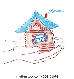 A small house in human hands. Hand drawing color pencils. Vector illustration. On a white background.