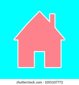 Small house icon. Vector. Magenta icon with white sticker contour at sky blue background. Isolated.