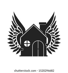 Small house icon with wings. Flat style. Isolated on white background. 