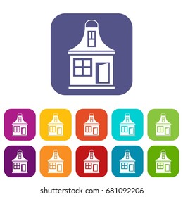 Small house icons set vector illustration in flat style in colors red, blue, green, and other