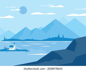 A small house in a landscape with mountains and a river. flat design style vector illustration.