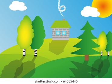 Small house and landscape. VEctor illustration.