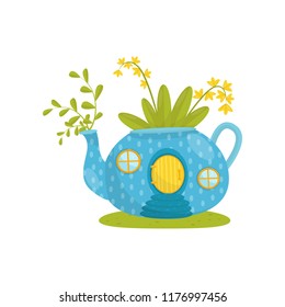 Small house made from blue teapot, fairytale fantasy house for gnome, dwarf or elf vector Illustration on a white background