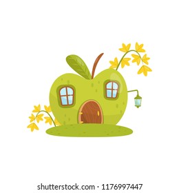 Small house made from green apple, fairytale fantasy house for gnome, dwarf or elf vector Illustration on a white background
