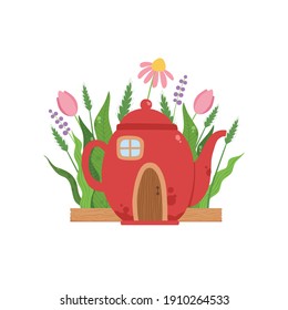 Small house made from red teapot, fairytale fantasy house for gnome, dwarf or elf vector Illustration on a white background. Spring time.