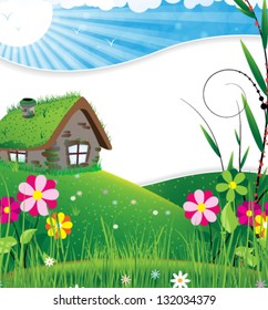 Small house in a meadow with wild flowers
