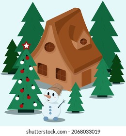 una pequeña casa en medio del bosque con un muñeco de nieve