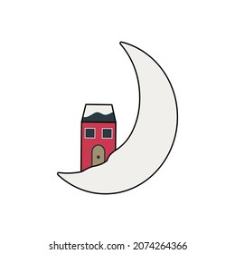 Small house and the moon. Festive decoration for new year and christmas. Vector flat illustration