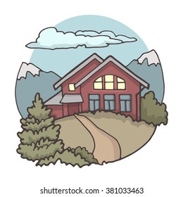 Small house in the mountains, color image on a white background.