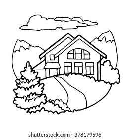 Small house in the mountains, contour drawing on a white background.