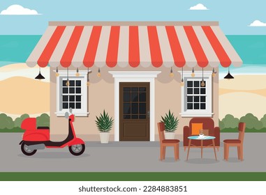 a small house next to the beach and the sea and a moped with tables in a cafe