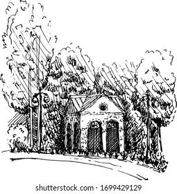 Small house on the background of the forest. Illustration in sketch style.