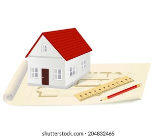 small house on blueprint with pencil and ruler