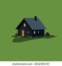 Small house on a green background, windows, doors, chimney. Vector illustration in a flat style. For creating cozy and attractive illustrations of village houses