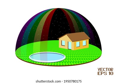 Small House on Green Grass. Country Cottage with Blue Pool. Night Rural Landscape under the Rainbow. Vector. 3D Illuctration