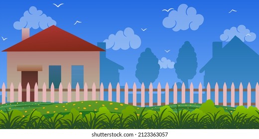 small house on suburban plot surrounded by fence and flowering bushes