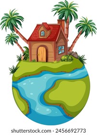 Small house on a tiny globe-like island.