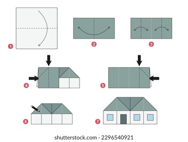 Small House origami scheme tutorial moving model. Origami for kids. Step by step how to make a cute origami house. Vector illustration.