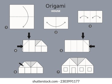 Small House origami scheme tutorial moving model on grey backdrop. Origami for kids. Step by step how to make a cute origami house. Vector illustration.