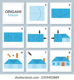 Small House origami scheme tutorial moving model. Origami for kids. Step by step how to make a cute origami house. Vector illustration.