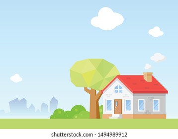 A small house outside the city that has a good environment and bright blue sky.copy space for text.