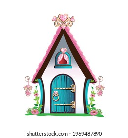 A small house with a pink roof and hearts stands in a flower meadow. Fairy tale background vector illustration in cartoon style isolated on white background.