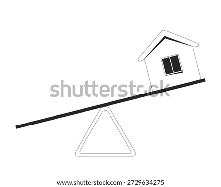 Small house placed on seesaw balance 2D line object. Housing market instability. Realty issues. Real estate supply demand isolated clipart vector ink outline item. Monochrome spot illustration