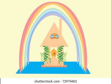 Small house and rainbow. Illustration.