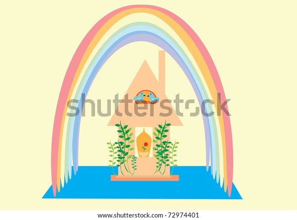 Small house and rainbow.\
Illustration.