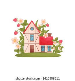 Small house in the Scandinavian style in the bush kuniki. Vector illustration on white background.