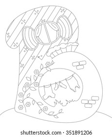 A small house in the shape of letter B. Coloring book for kids about architecture. Vector illustration