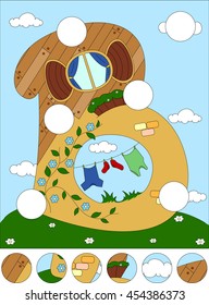 A small house in the shape of letter B. Complete the puzzle and find the missing parts of the picture. Educational game for kids