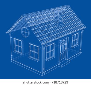 A small house with shingles roof. Vector rendering of 3d. Wire-frame style. The layers of visible and invisible lines are separated